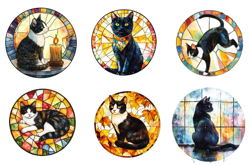 Round Stained Glass Tuxedo Cat Clipart Bundle - CraftNest - Digital Crafting and Art