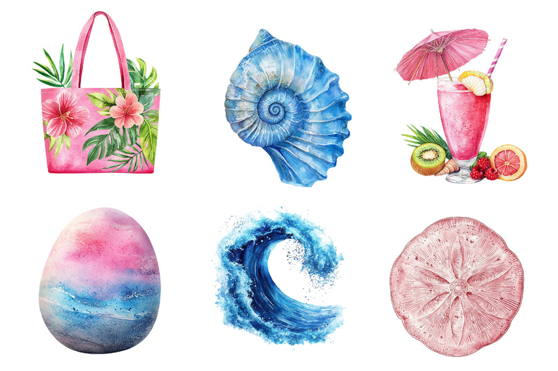 Summer Pink & Blue Coastal Clipart Bundle - CraftNest - Digital Crafting and Art