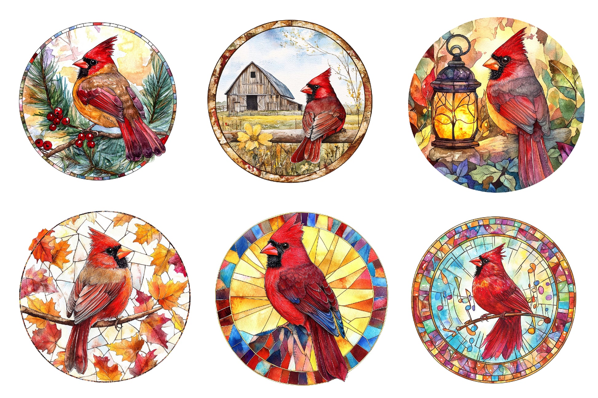 Round Stained Glass Cardinal Bird Clipart Bundle - CraftNest - Digital Crafting and Art