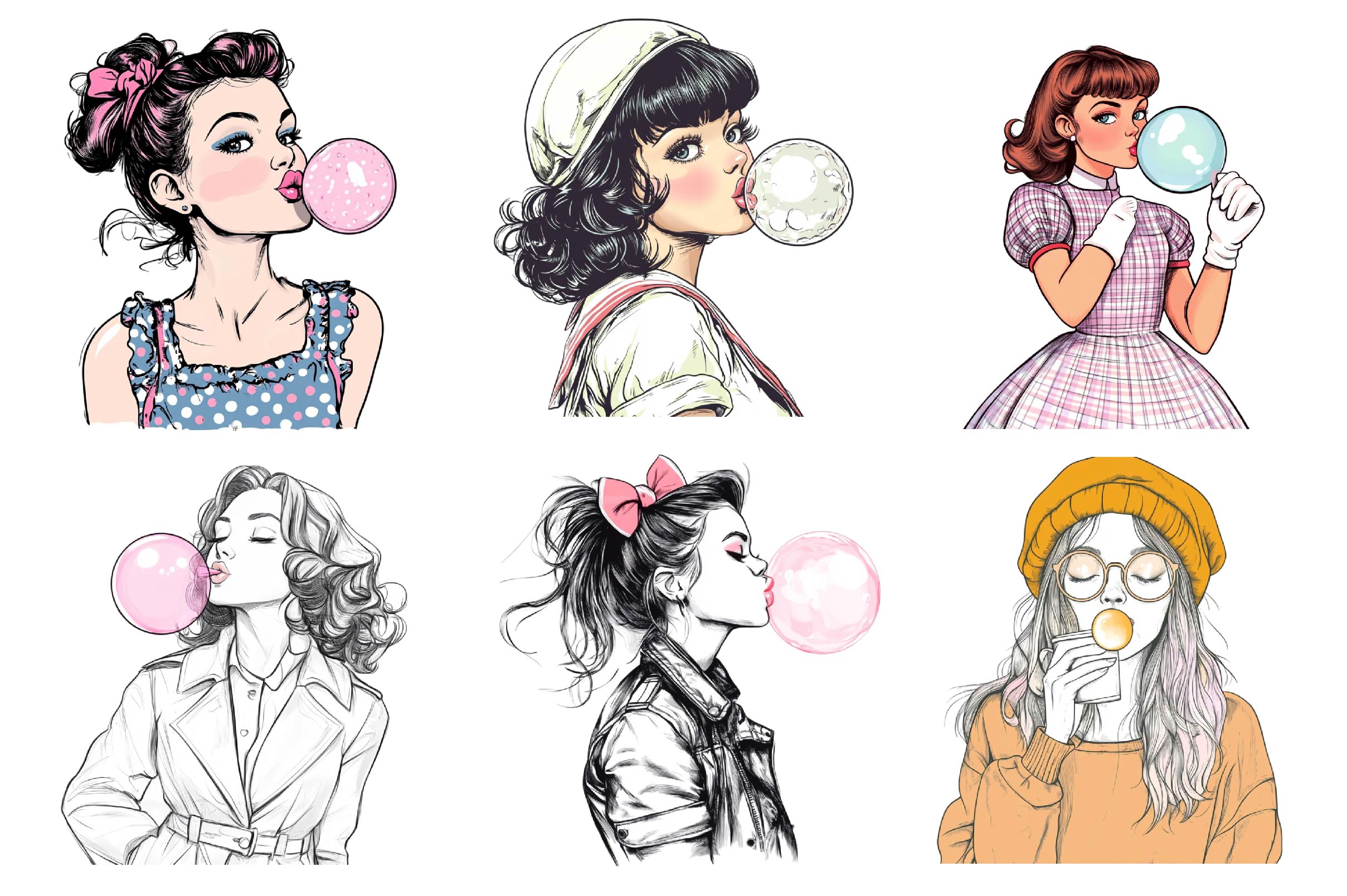 Retro Girl Blowing A Bubblegum Clipart Bundle 1 - CraftNest - Digital Crafting and Art