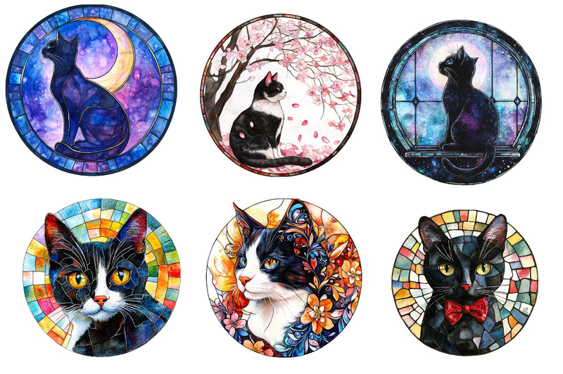 Round Stained Glass Tuxedo Cat Clipart Bundle - CraftNest - Digital Crafting and Art