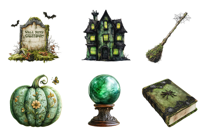 Antique Green Halloween Set Clipart Bundle - CraftNest - Digital Crafting and Art