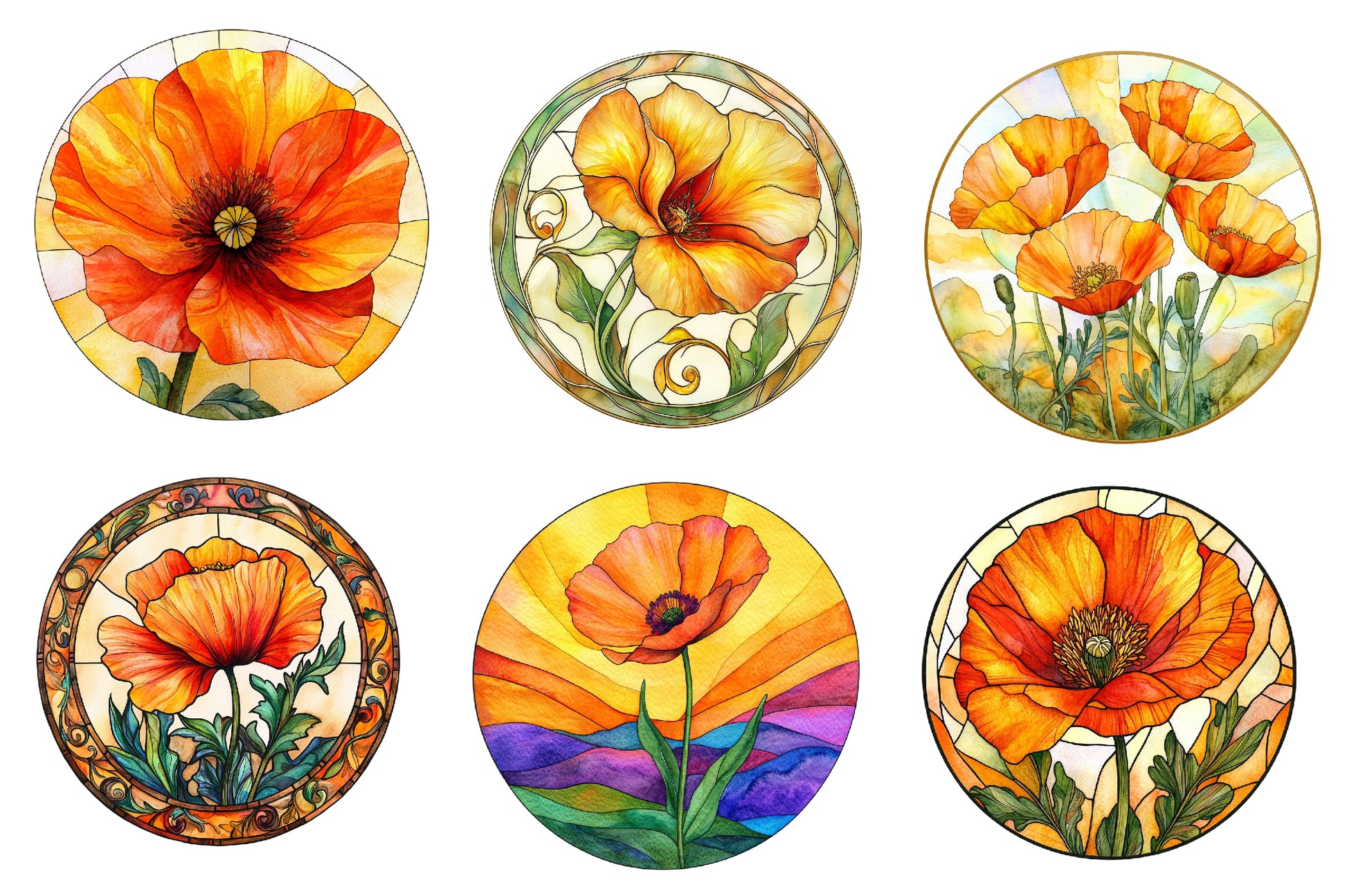 Round Stained Glass California Poppies Clipart Bundle - CraftNest - Digital Crafting and Art