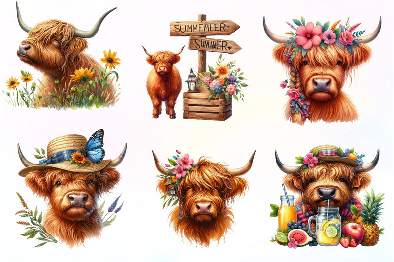 Highland Cow Summer Clipart Bundle - CraftNest - Digital Crafting and Art