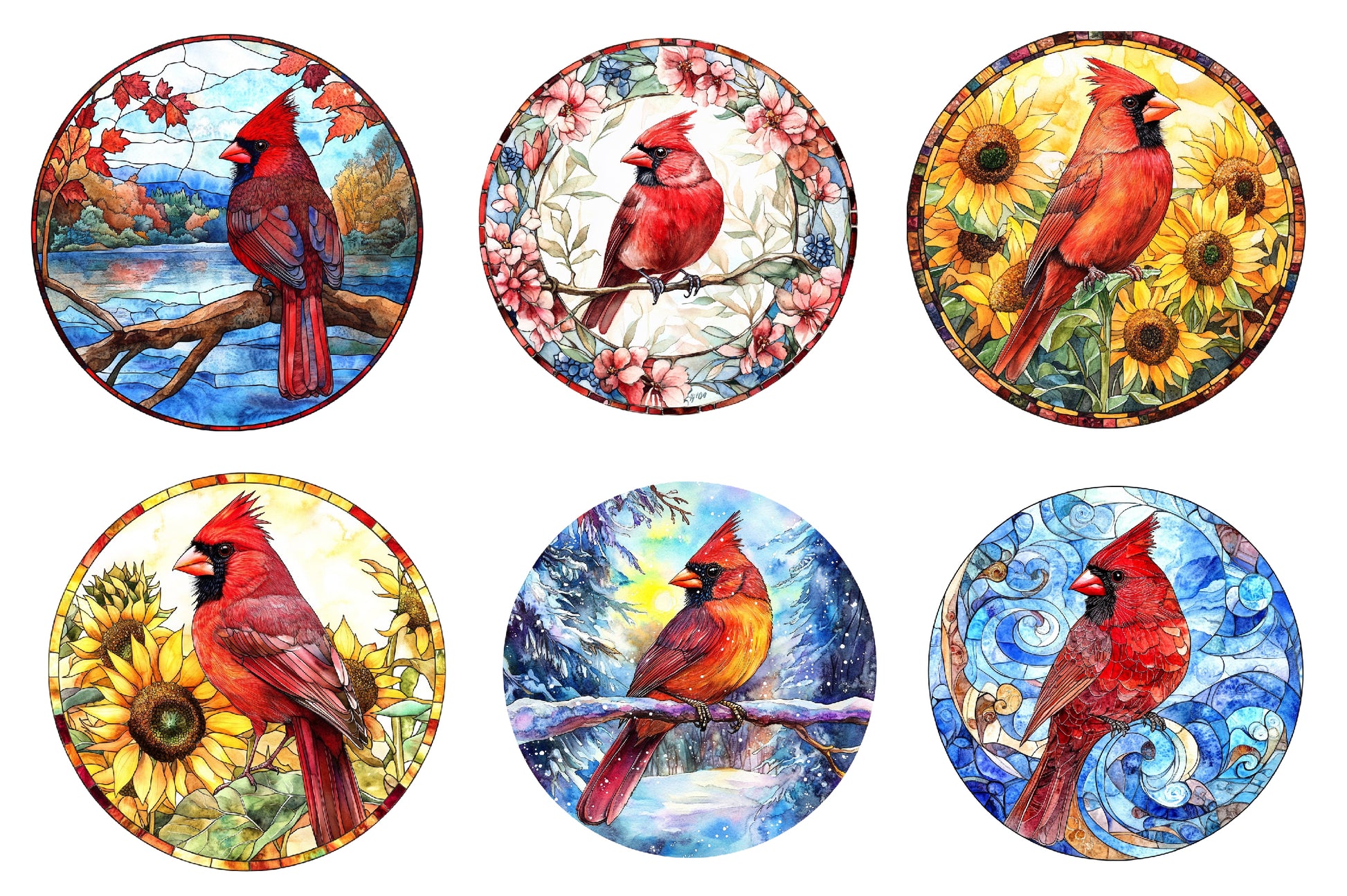Round Stained Glass Cardinal Bird Clipart Bundle - CraftNest - Digital Crafting and Art