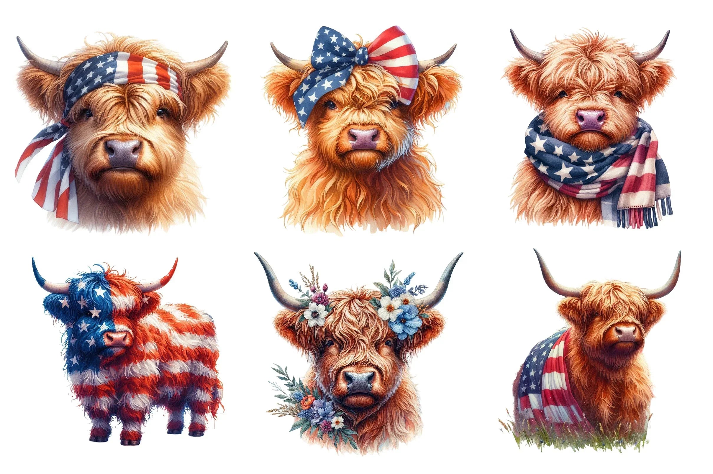 Patriotic Highland Cow Clipart Bundle - CraftNest - Digital Crafting and Art