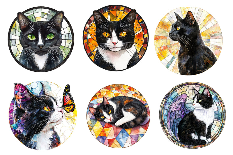 Round Stained Glass Tuxedo Cat Clipart Bundle - CraftNest - Digital Crafting and Art