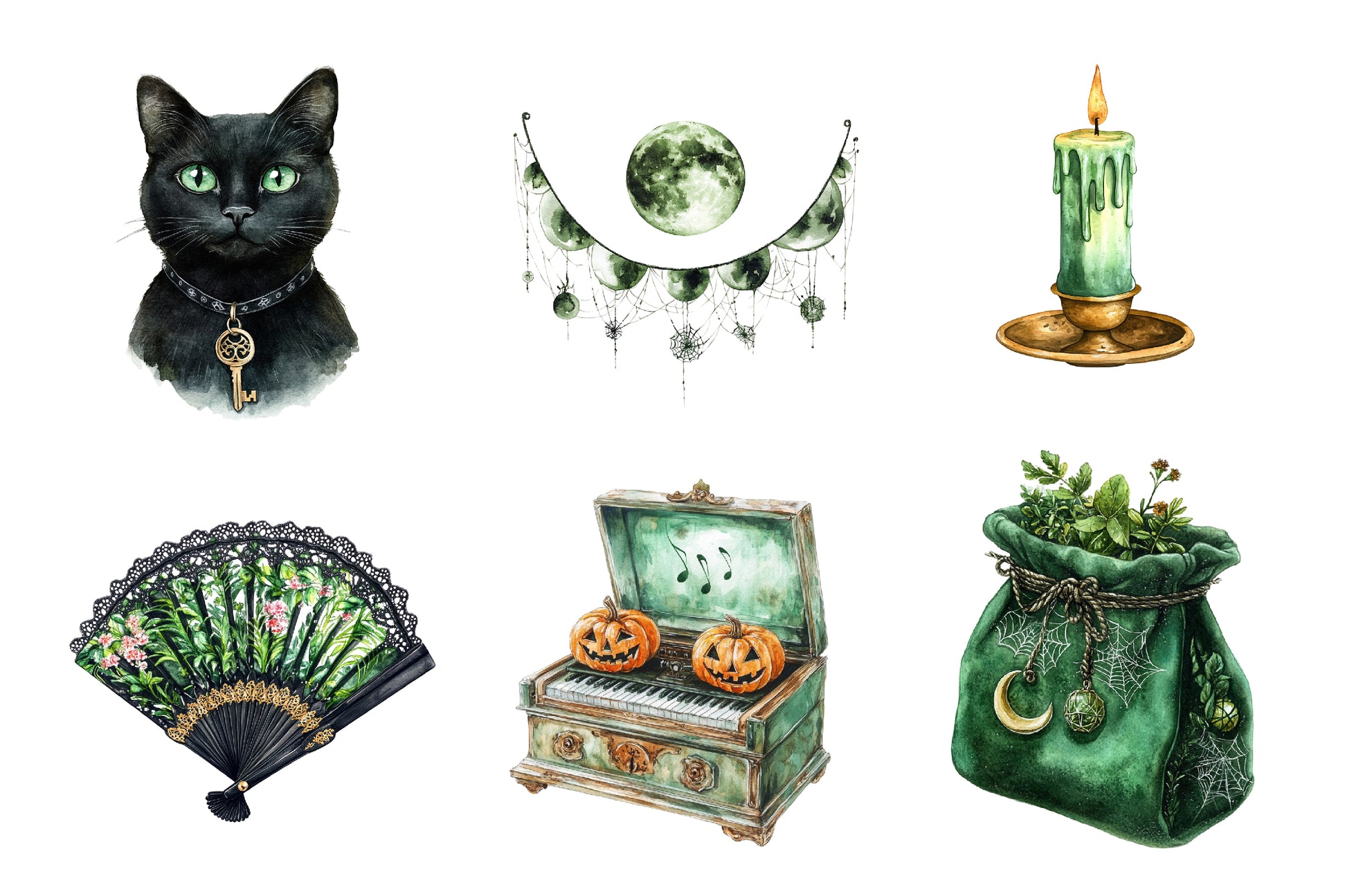 Antique Green Halloween Set Clipart Bundle - CraftNest - Digital Crafting and Art