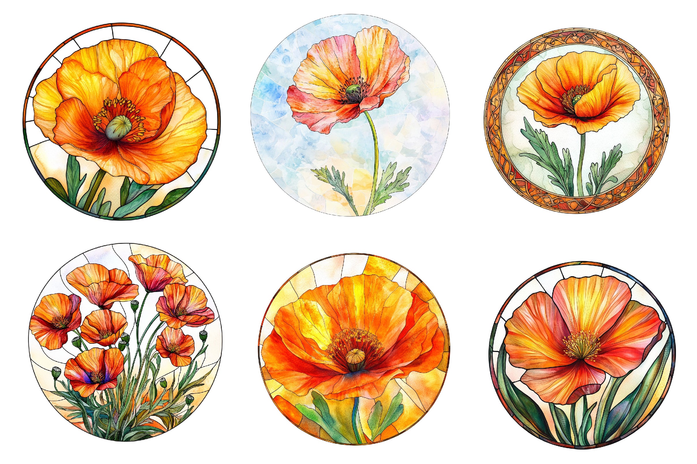 Round Stained Glass California Poppies Clipart Bundle - CraftNest - Digital Crafting and Art