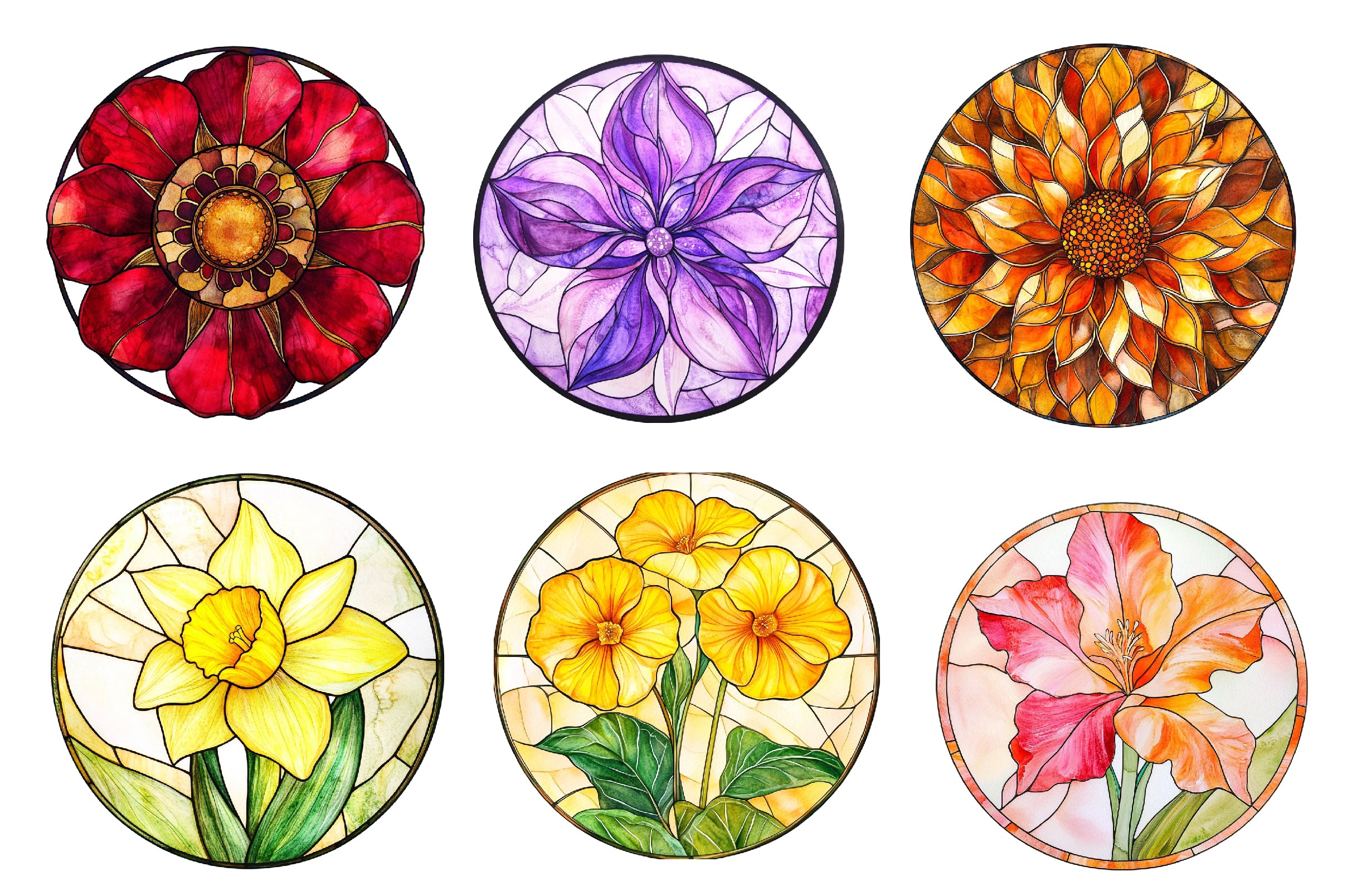 Round Stained Glass Of Birth Month Flowers Clipart Bundle - CraftNest - Digital Crafting and Art