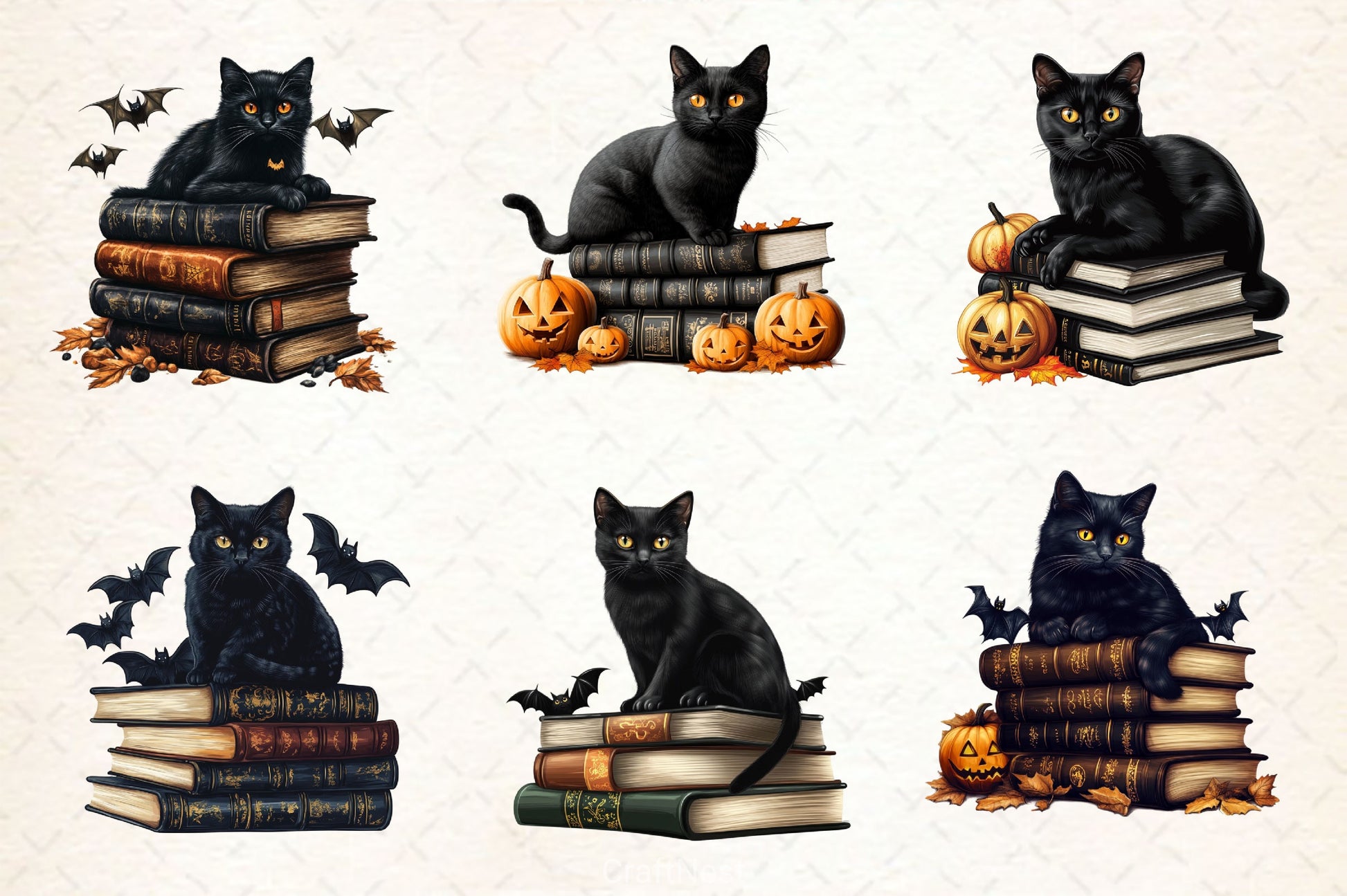 Halloween Black Cat On Books Clipart Bundle 2 - CraftNest - Digital Crafting and Art