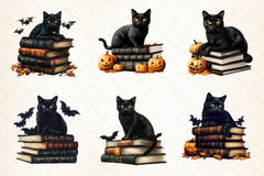 Halloween Black Cat On Books Clipart Bundle 2 - CraftNest - Digital Crafting and Art