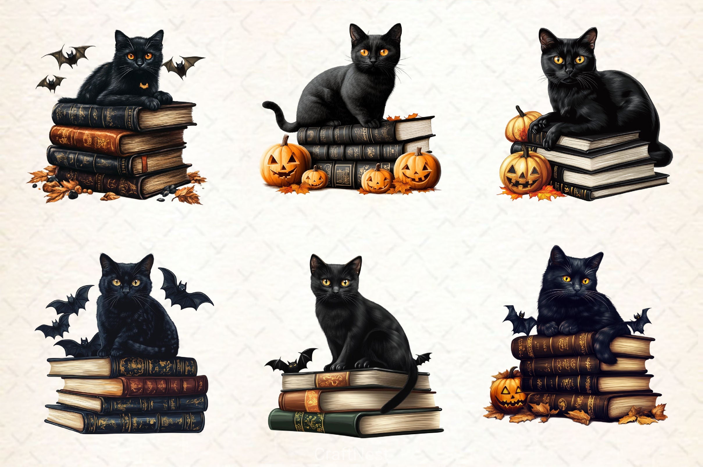 Halloween Black Cat On Books Clipart Bundle 2 - CraftNest - Digital Crafting and Art