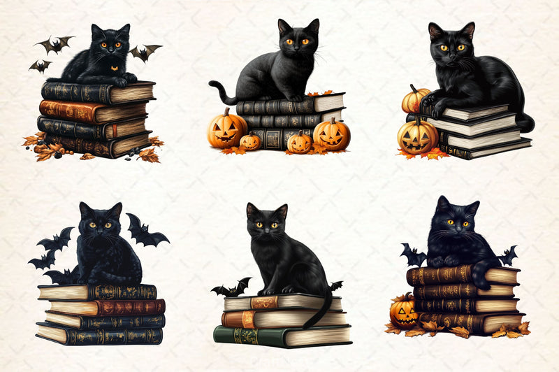 Halloween Black Cat On Books Clipart Bundle 2 - CraftNest - Digital Crafting and Art