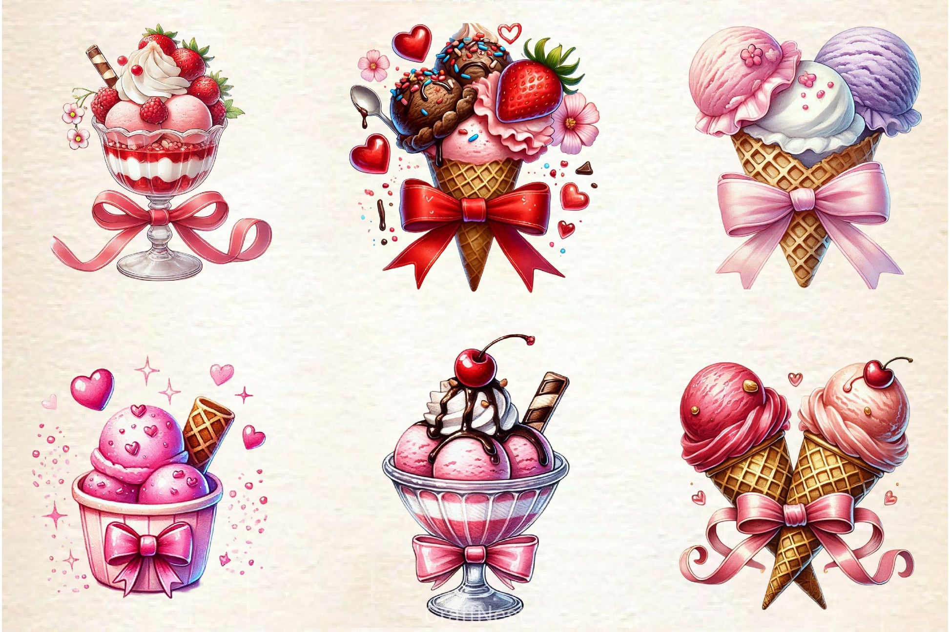 Valentines Ice Cream With Bows Clipart Bundle 2 - CraftNest - Digital Crafting and Art