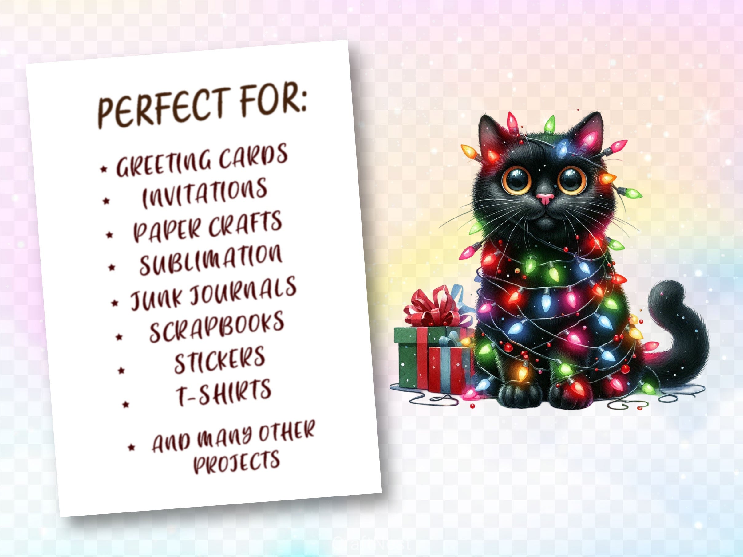 Funny Black Cat With Christmas Lights Clipart Bundle - CraftNest - Digital Crafting and Art