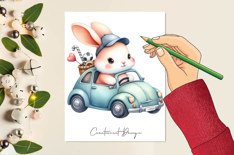 Cute Bunny Racing Car Clipart Bundle - CraftNest - Digital Crafting and Art