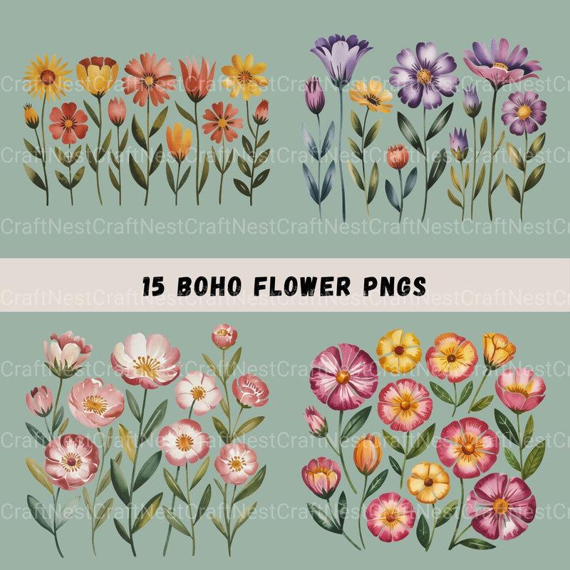 Boho Flowers Clipart Bundle - CraftNest - Digital Crafting and Art