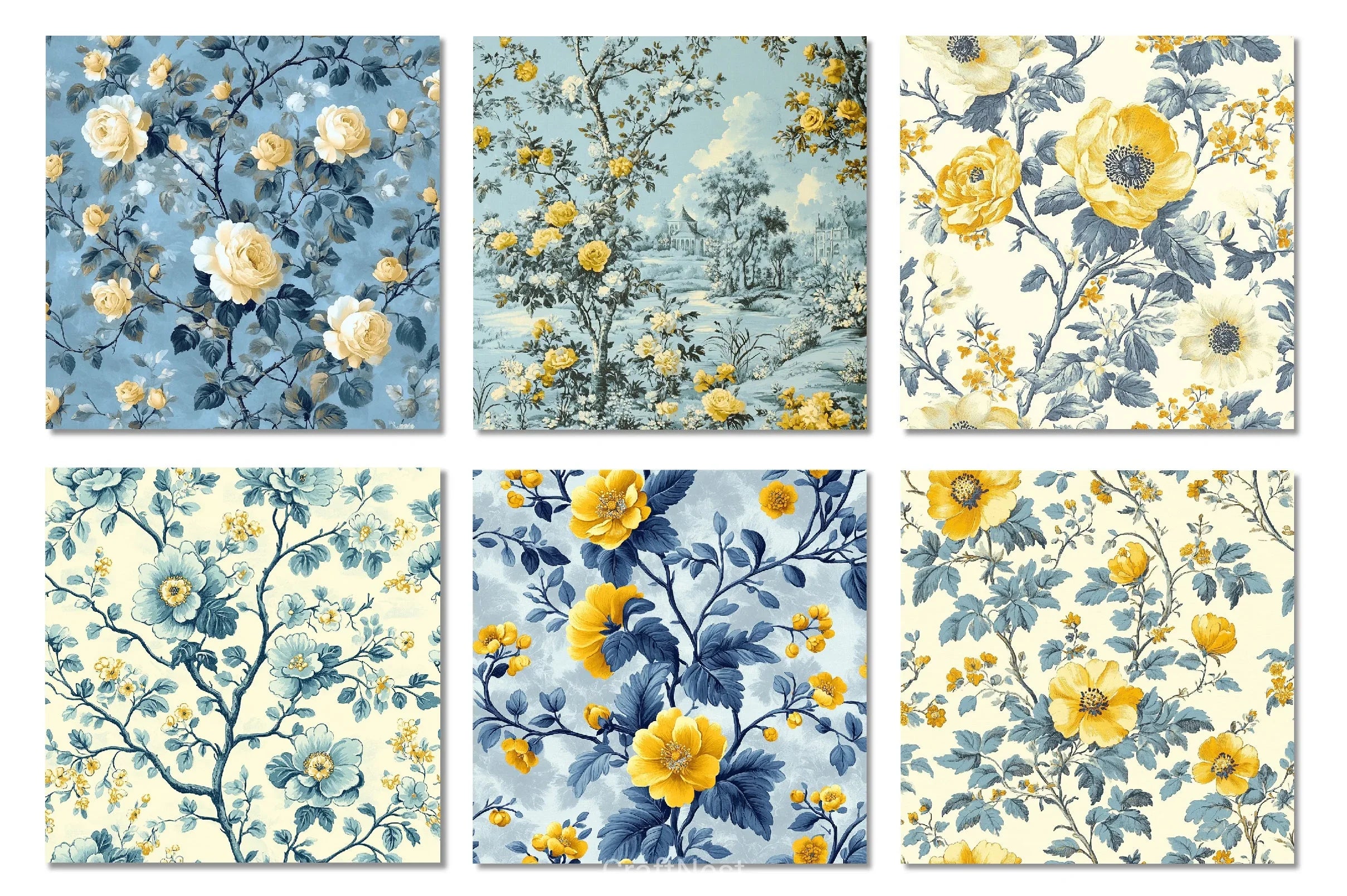 Pale Blue & Yellow Floral Toile Patterns Clipart Bundle - CraftNest - Digital Crafting and Art