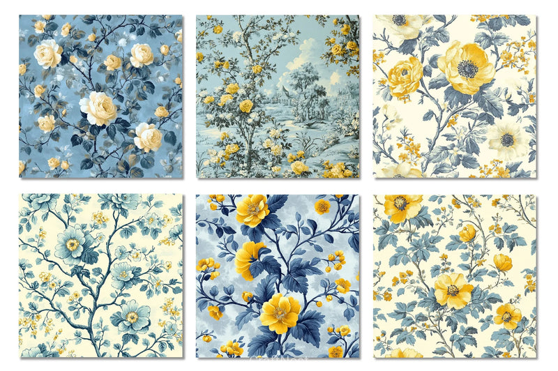 Pale Blue & Yellow Floral Toile Patterns Clipart Bundle - CraftNest - Digital Crafting and Art