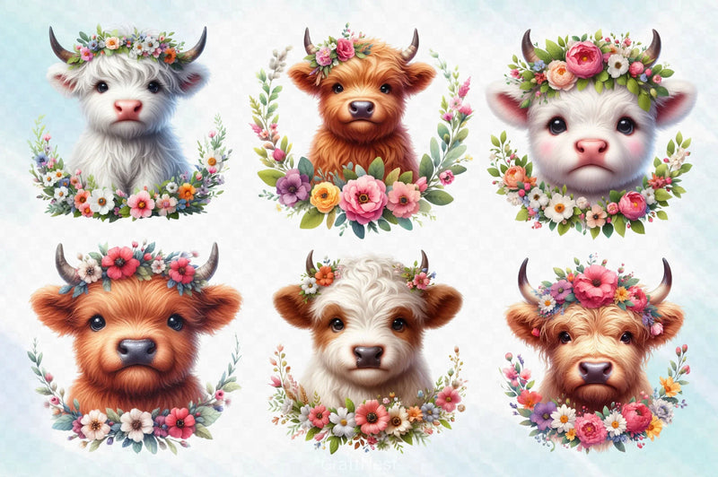 Highland Cow Flower Clipart Bundle - CraftNest - Digital Crafting and Art
