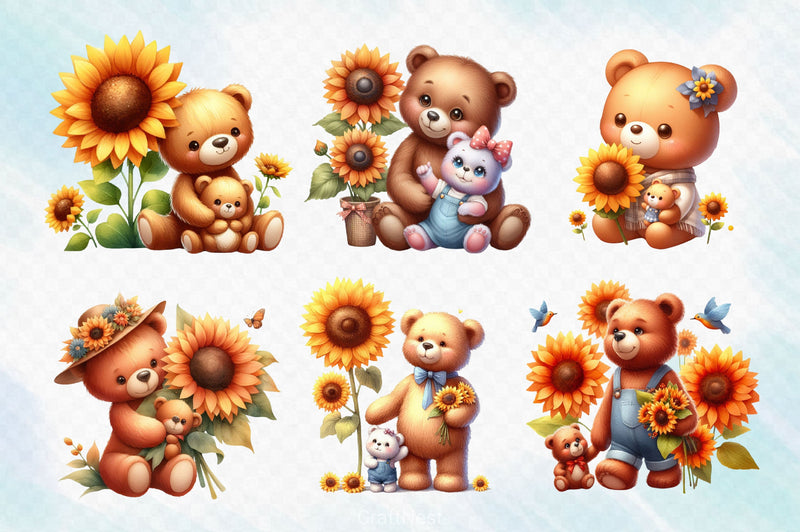 Sunflower Mama And Baby Bear Clipart Bundle 2 - CraftNest - Digital Crafting and Art