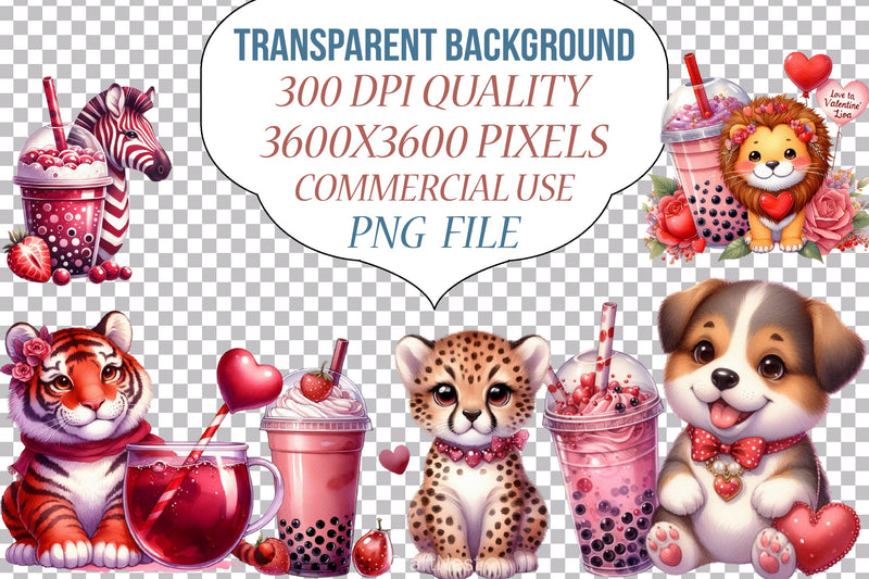 Cute Animal Boba Tea Valentine Clipart Bundle - CraftNest - Digital Crafting and Art