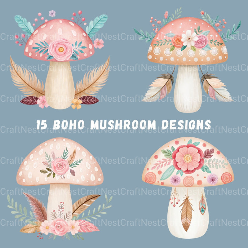 Boho Mushrooms Clipart Bundle - CraftNest - Digital Crafting and Art
