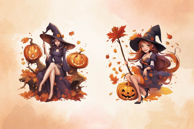 Cute Witch Girl Halloween Clipart Bundle - CraftNest - Digital Crafting and Art
