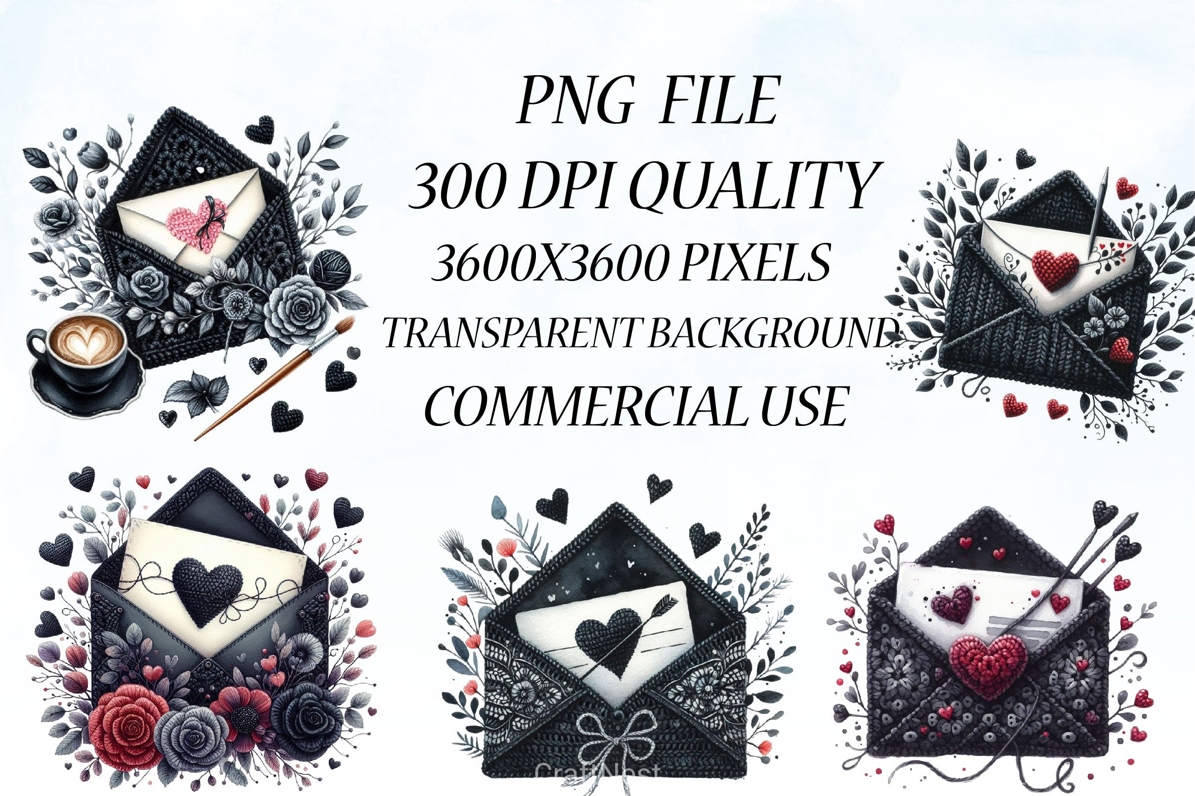 Black Valentine Crochet Envelopes Bundle - CraftNest - Digital Crafting and Art