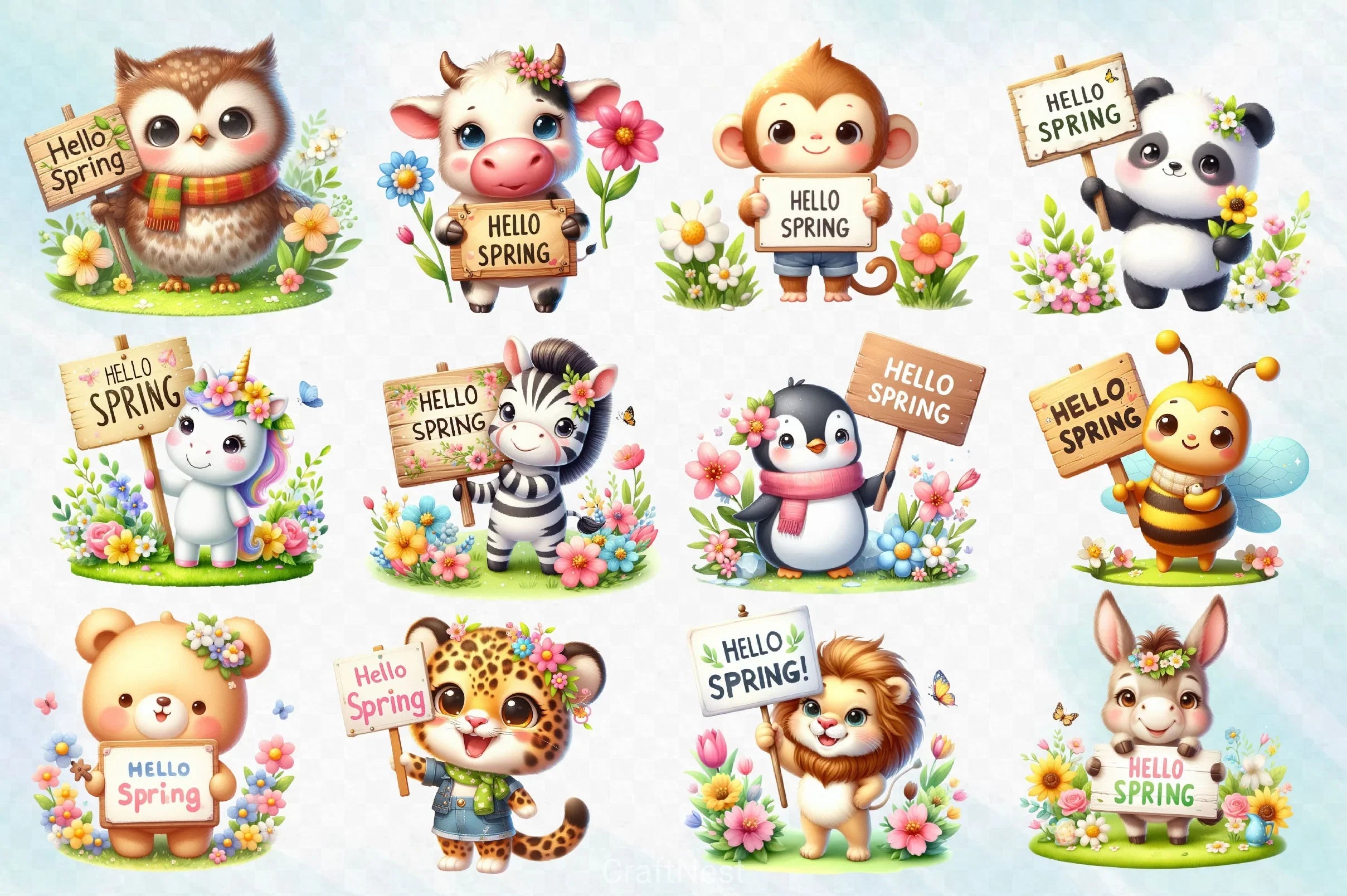 Animal Hello Spring Clipart Bundle