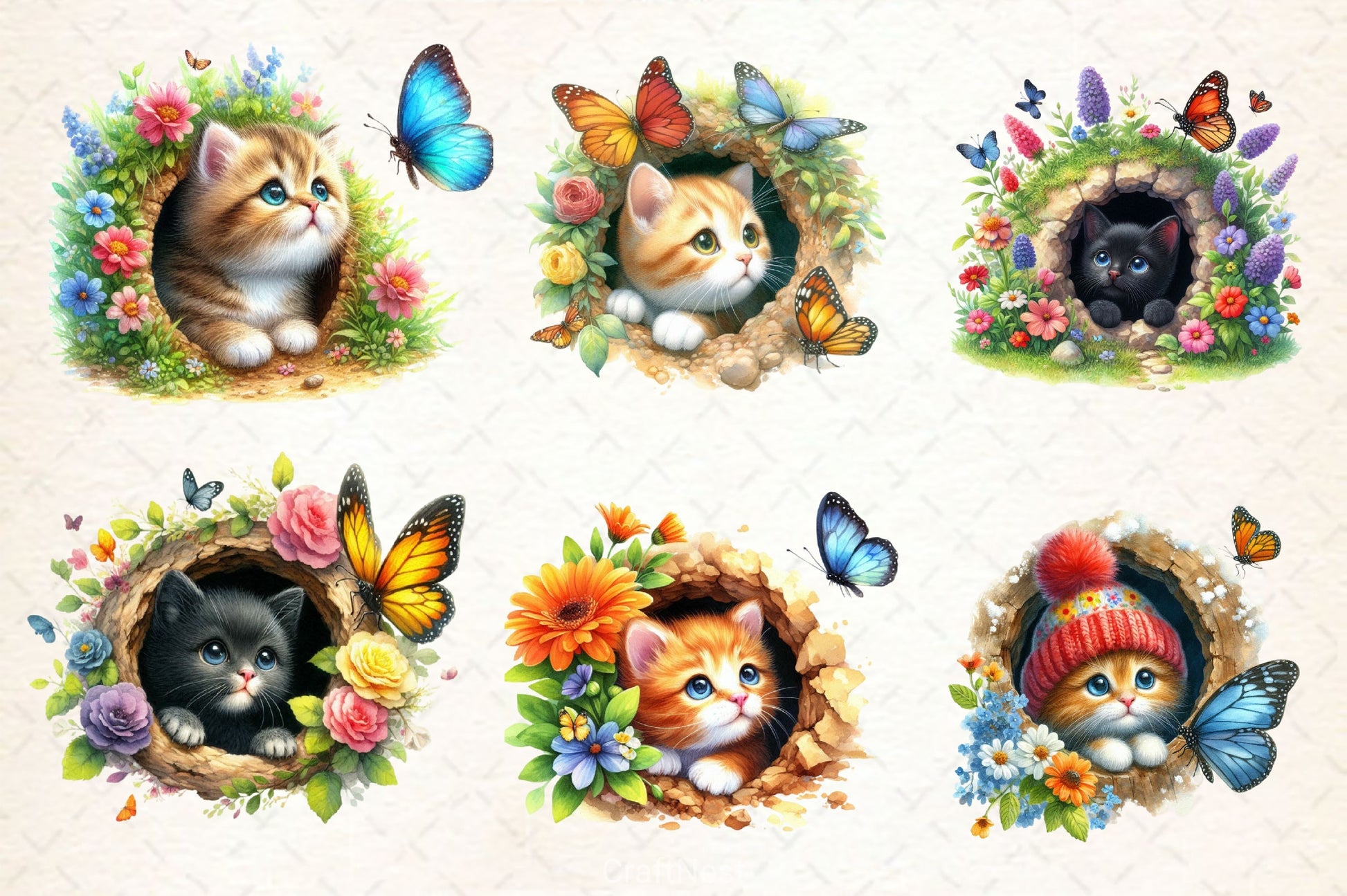 Peeking Cute Cat Hole With Butterflies Clipart Bundle - CraftNest - Digital Crafting and Art
