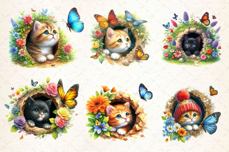 Peeking Cute Cat Hole With Butterflies Clipart Bundle - CraftNest - Digital Crafting and Art