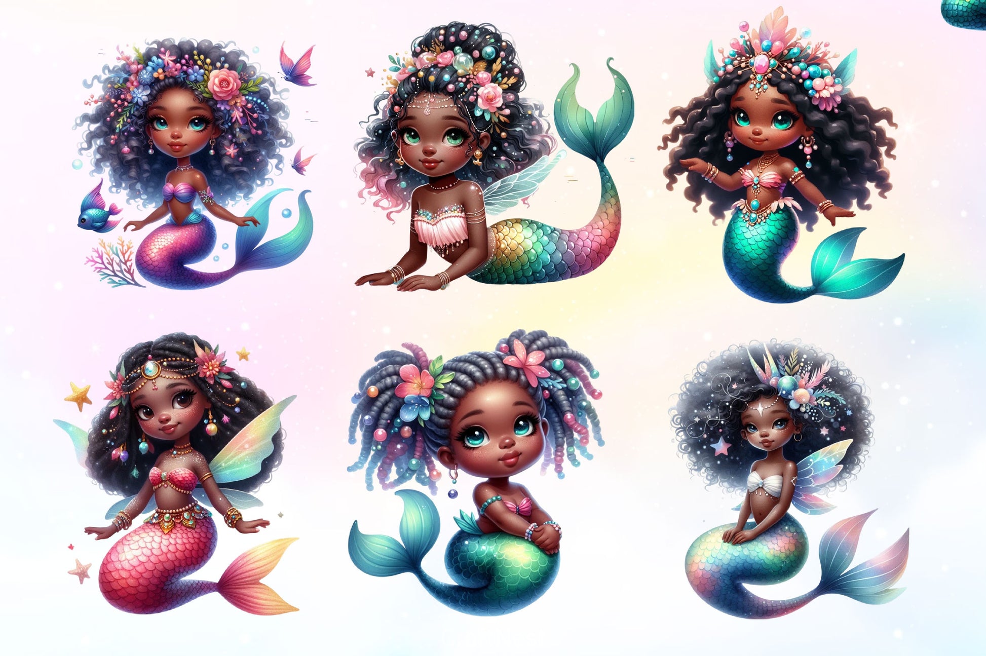 Cute African Mermaid Clipart Bundle - CraftNest - Digital Crafting and Art