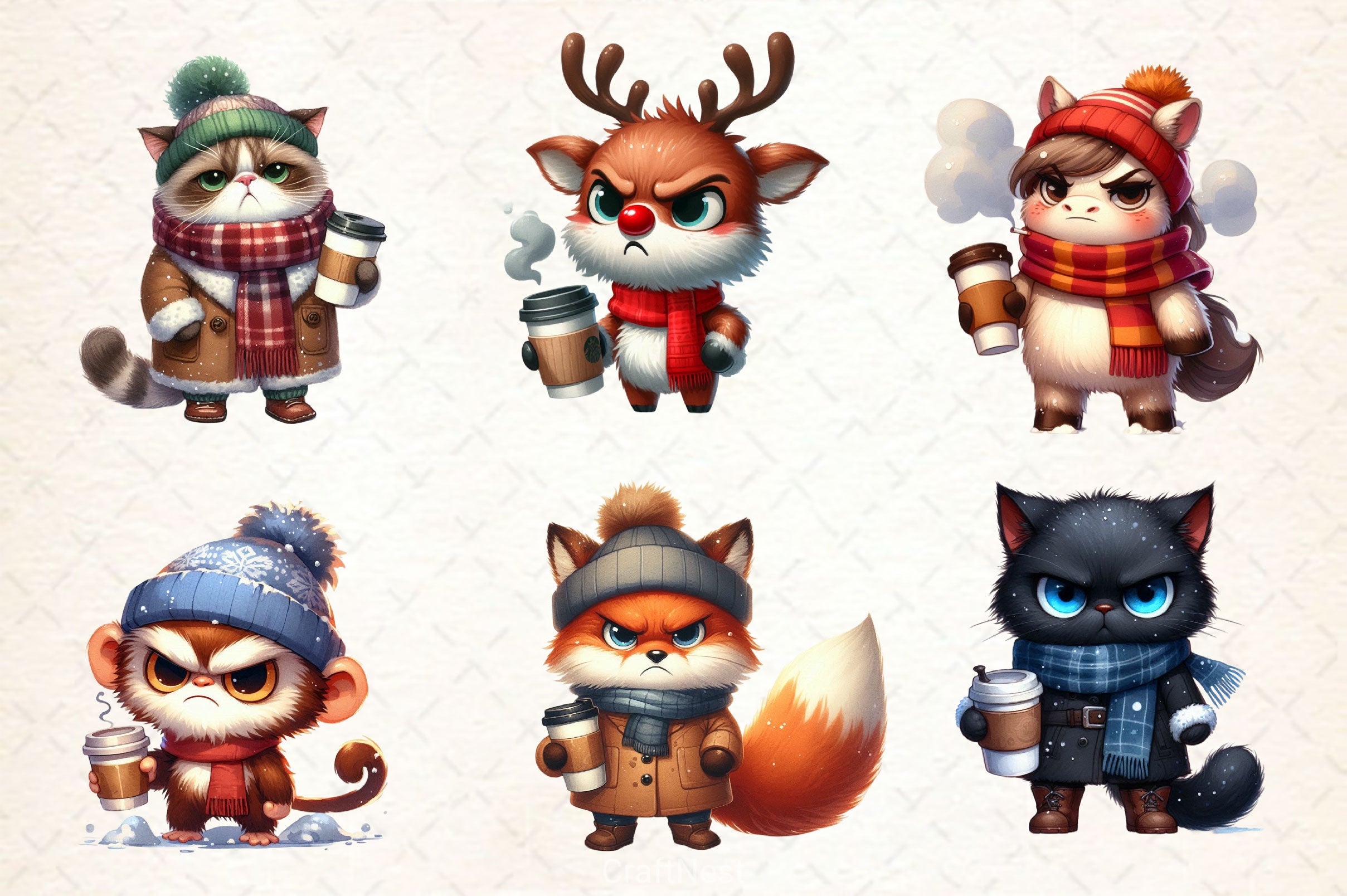 Winter Grumpy Animal Coffee Clipart Bundle 2 - CraftNest - Digital Crafting and Art