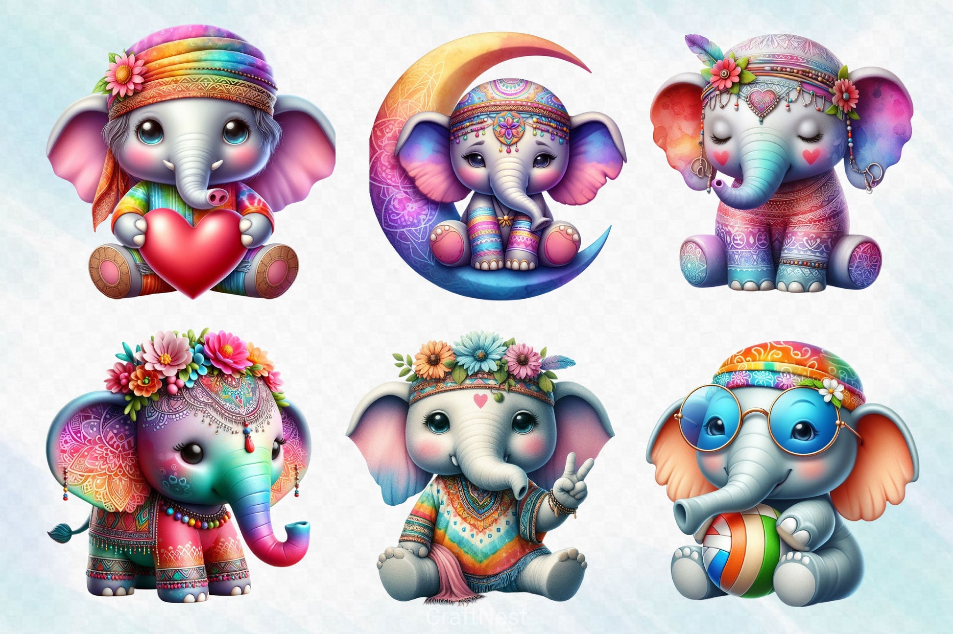 Hippie Cute Elephant Clipart Bundle - CraftNest - Digital Crafting and Art