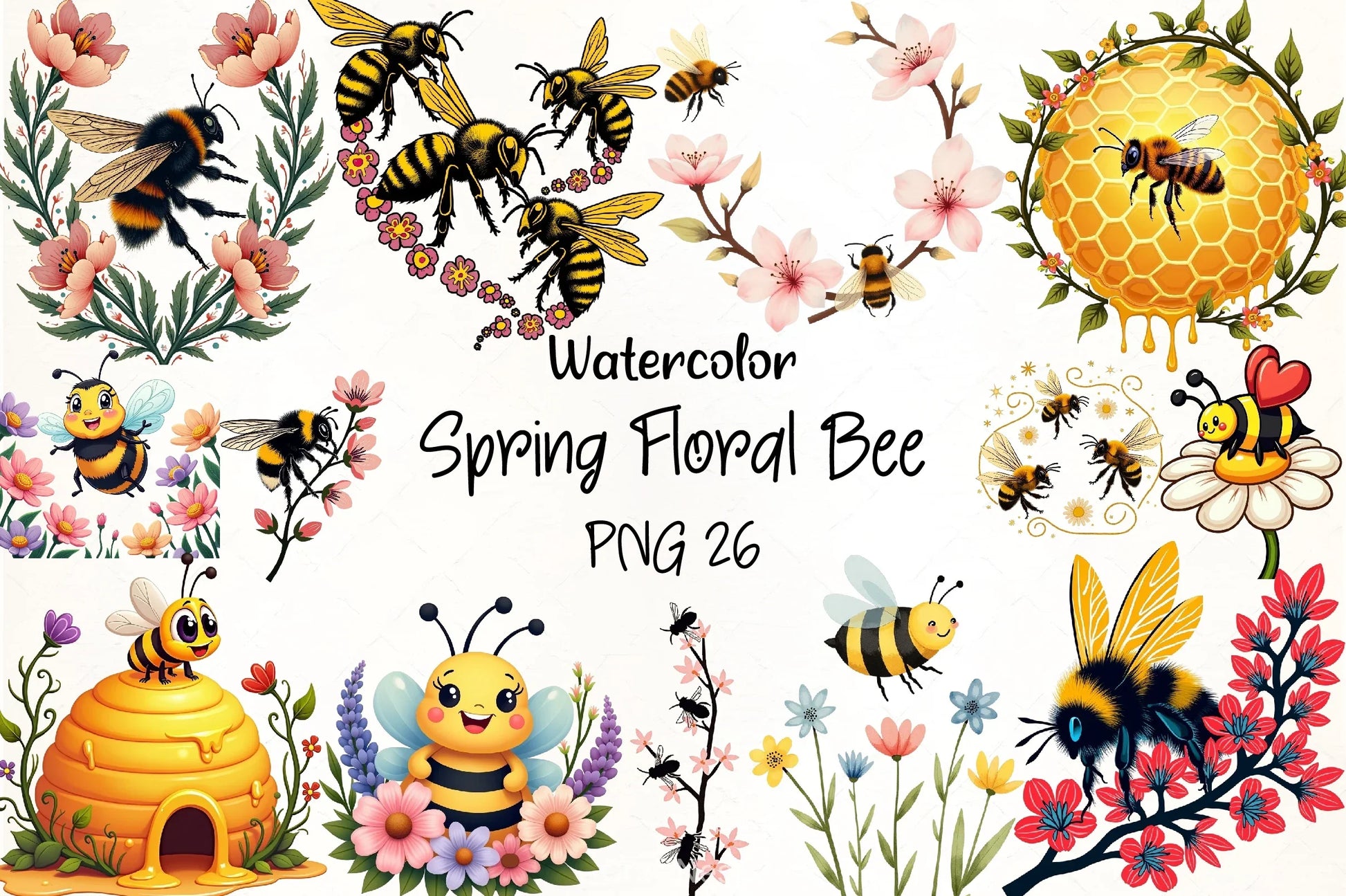 Spring Floral Bee Clipart Bundle - CraftNest - Digital Crafting and Art