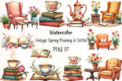 Vintage Spring Reading & Coffee Clipart Bundle - CraftNest - Digital Crafting and Art