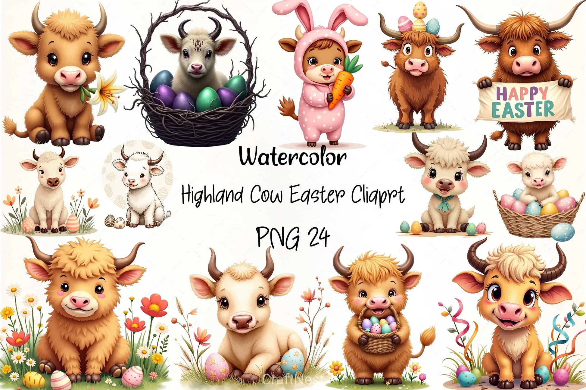 Highland Cow Easter Clipart Bundle 6 - CraftNest - Digital Crafting and Art