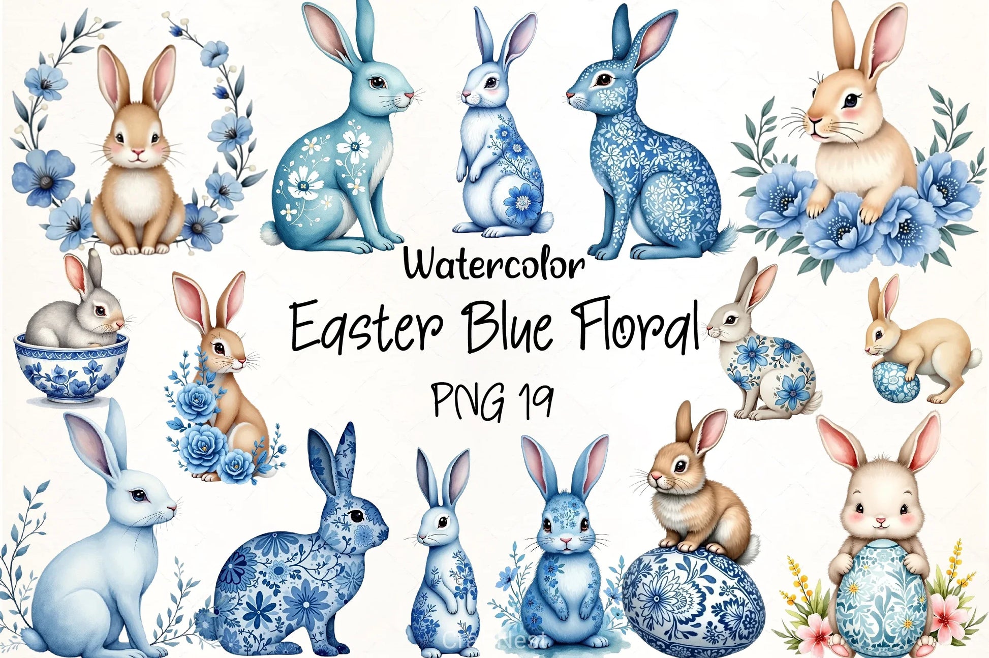 Easter Blue Floral Bunny Clipart Bundle - CraftNest - Digital Crafting and Art