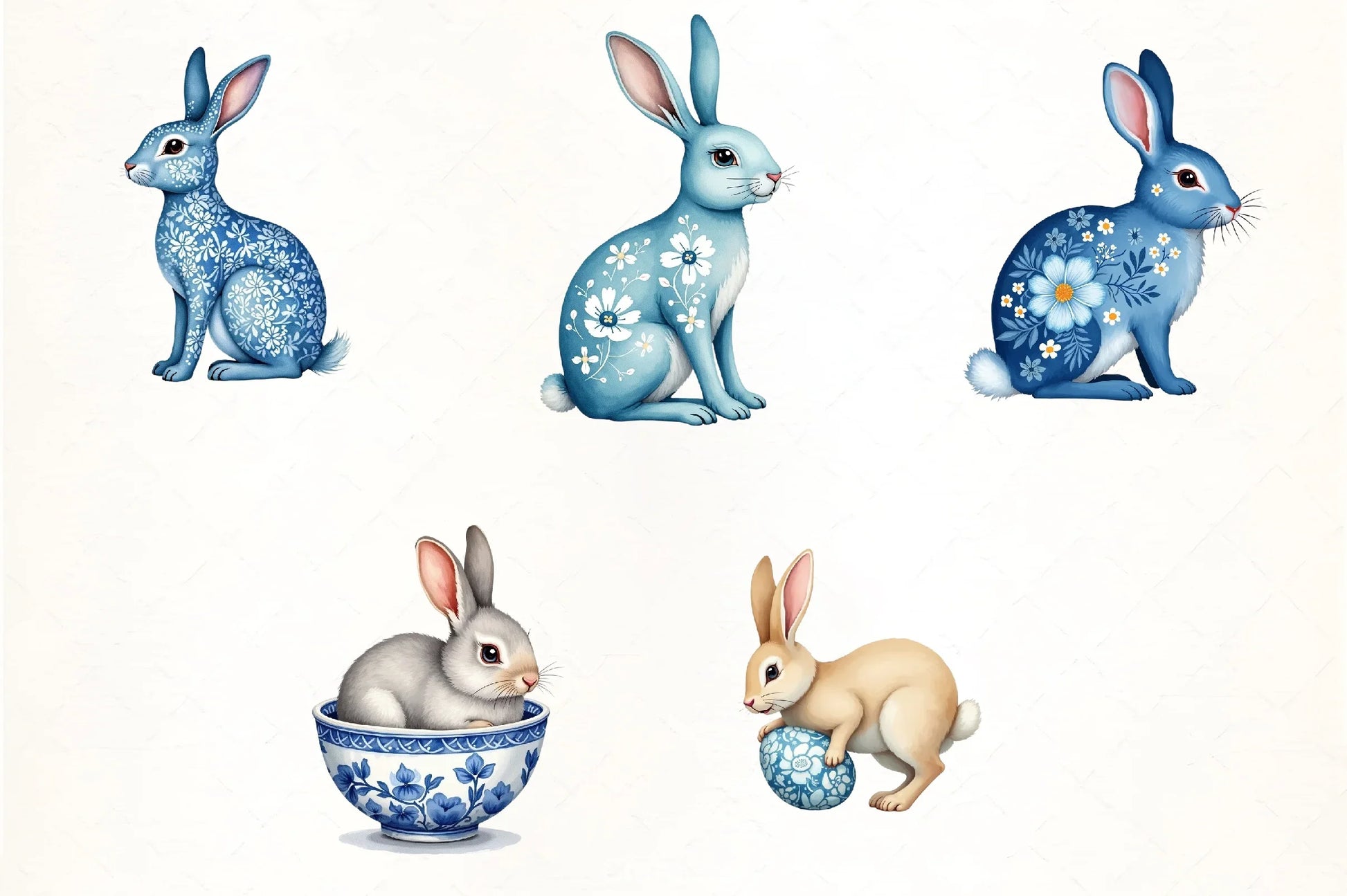 Easter Blue Floral Bunny Clipart Bundle - CraftNest - Digital Crafting and Art