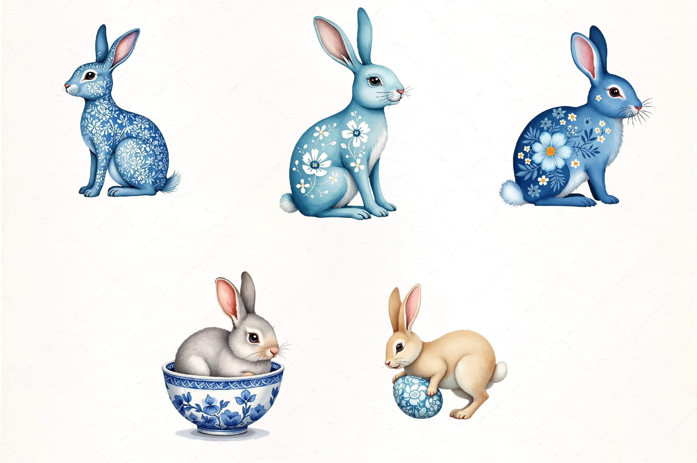 Easter Blue Floral Bunny Clipart Bundle - CraftNest - Digital Crafting and Art
