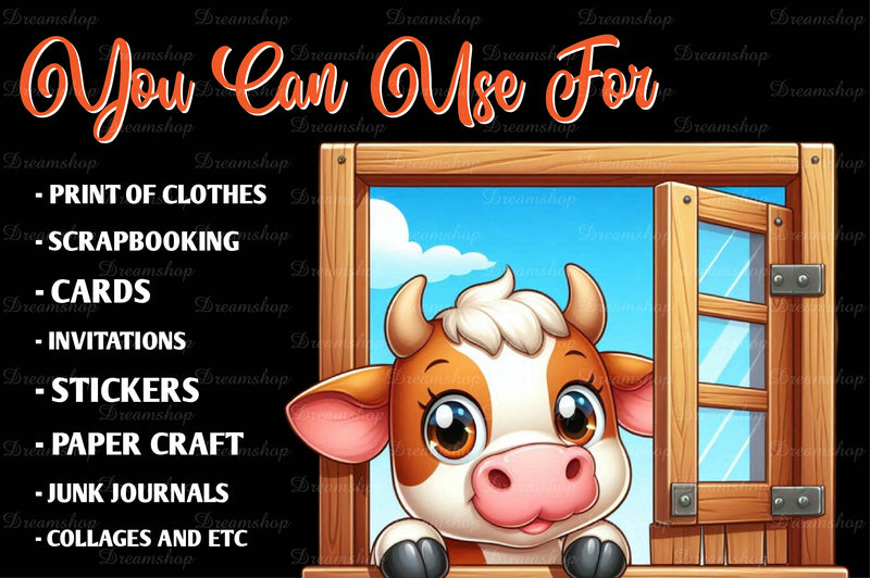Cute Cows Peeking Wooden Window Clipart Bundle - CraftNest - Digital Crafting and Art