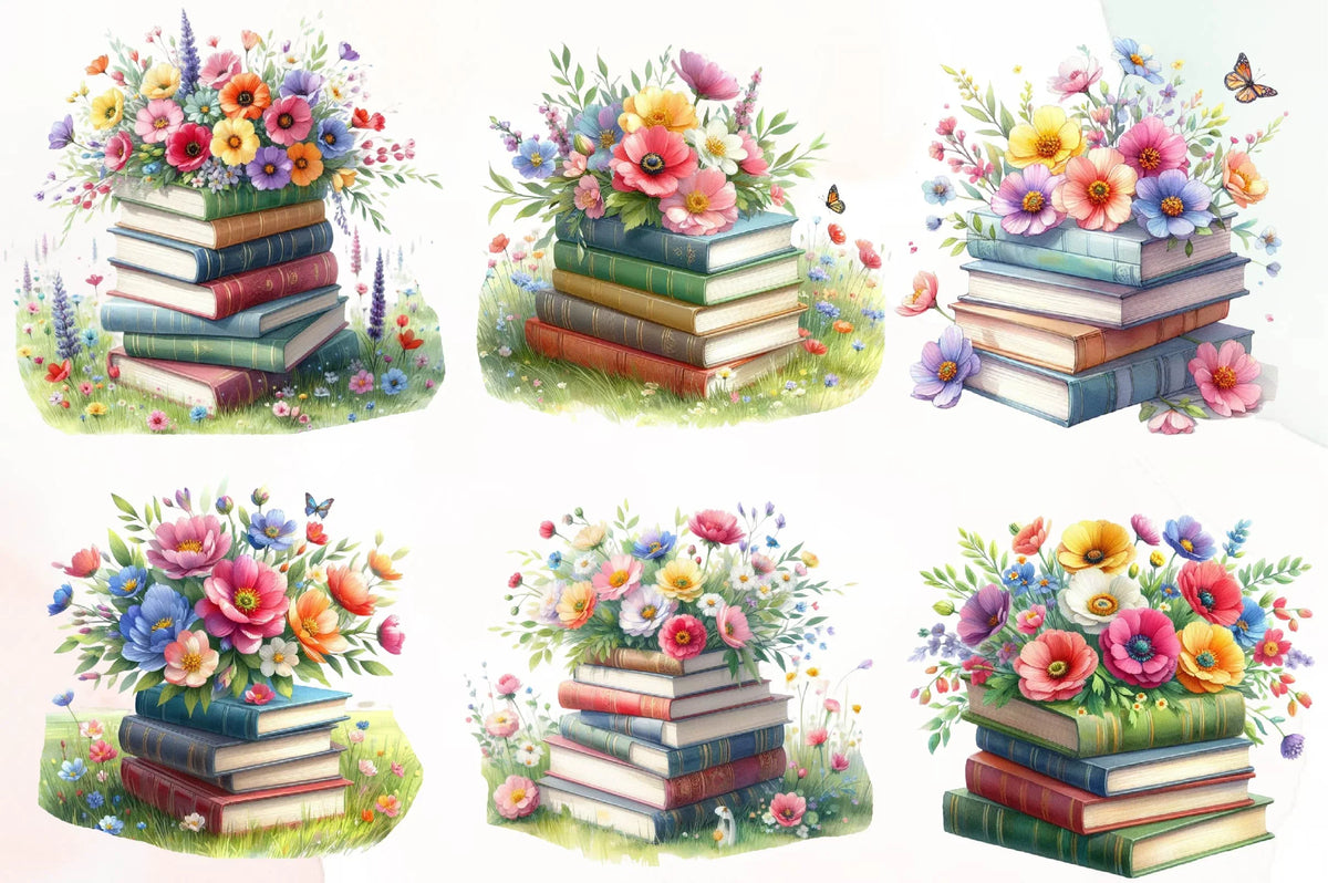 Spring Book Stack Spring Flower Book Stack Clipart Bundle