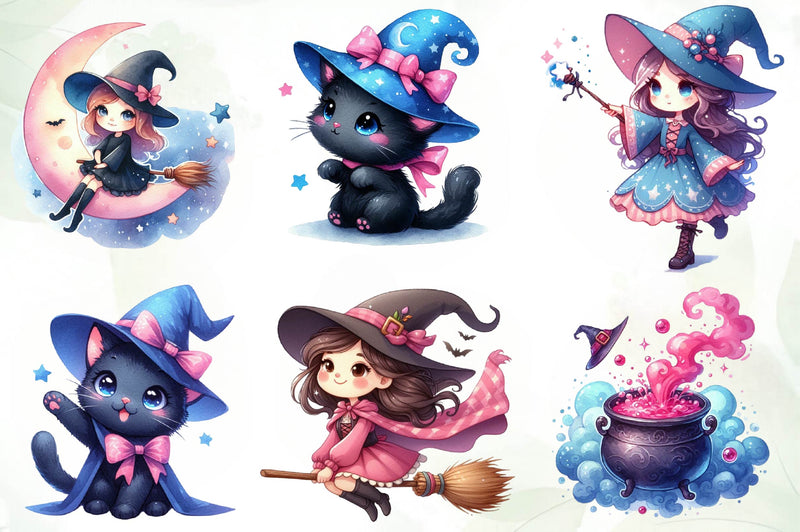 Cute Blue & Pink Witch Clipart Bundle - CraftNest - Digital Crafting and Art