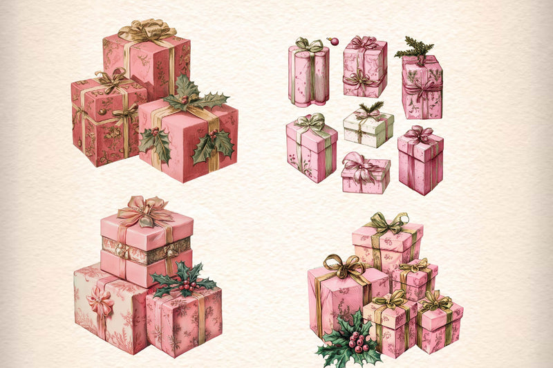 Vintage Pink Christmas Gifts Clipart Bundle - CraftNest - Digital Crafting and Art