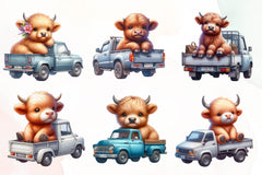 Highland Cow On The Truck Clipart Bundle - CraftNest - Digital Crafting and Art