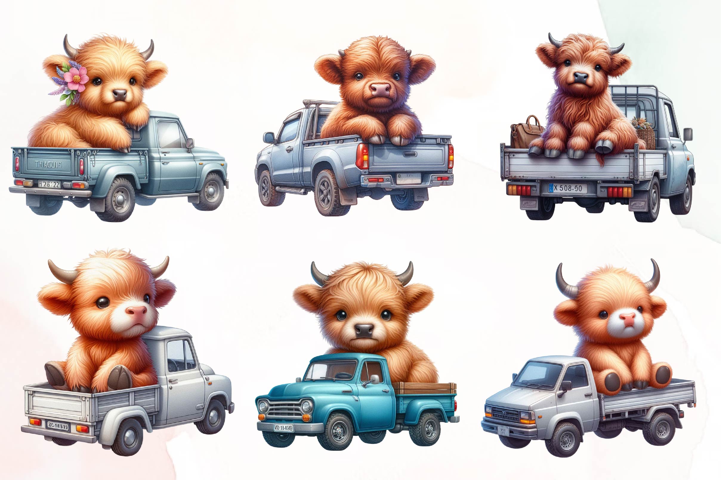 Highland Cow On The Truck Clipart Bundle - CraftNest - Digital Crafting and Art