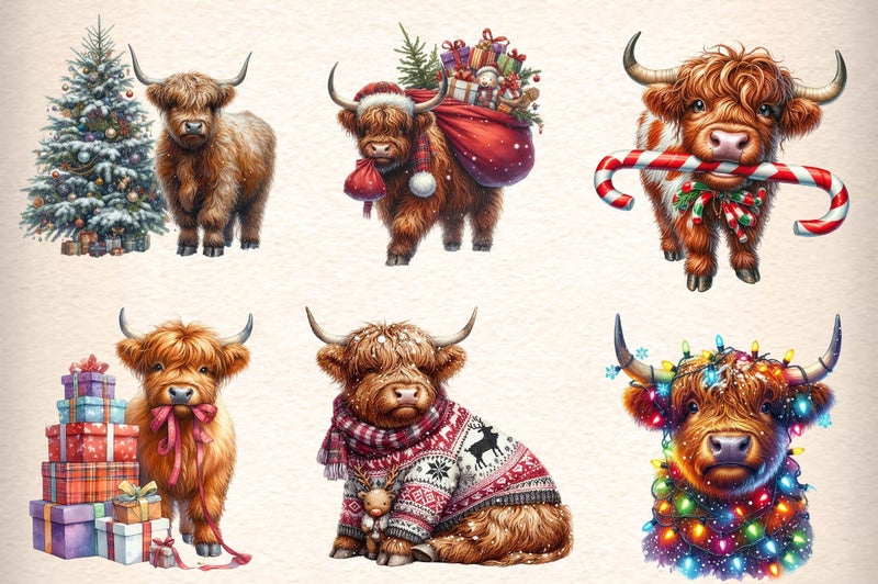 Christmas Highland Cow Clipart Bundle 6 - CraftNest - Digital Crafting and Art