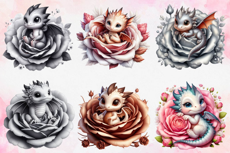 Baby Dragons In Flowers Clipart Bundle - CraftNest - Digital Crafting and Art